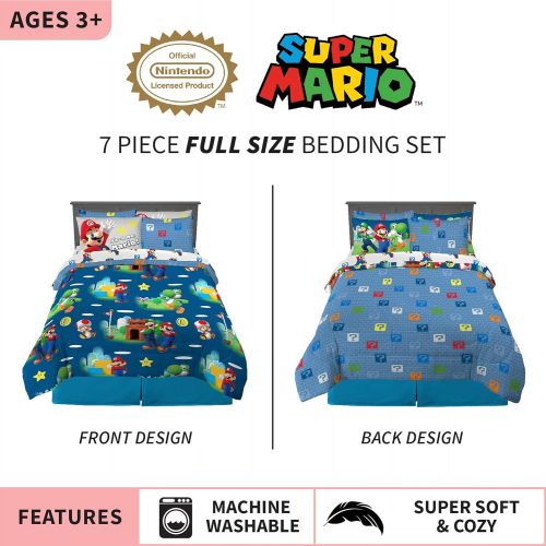  [아마존베스트]Franco Kids Bedding Super Soft Comforter and Sheet Set with Sham, 7 Piece Full Size, Mario