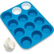 [아마존베스트]KPKitchen Silicone Muffin & Cupcake Baking Pan 12 Cup - Free Paper Muffin Cups +eBook - Non Stick, BPA Free, 100% Silicon & Dishwasher Safe Bakeware Pans/Tin - Blue Kitchen Rubber Tray & Mol