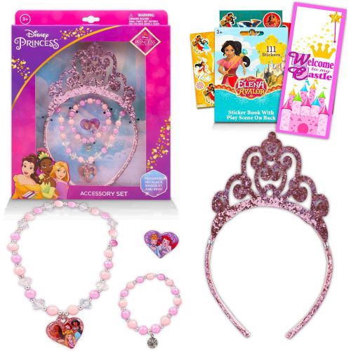  Classic Disney Disney Princess Accessory Set Bundle with Princess Jewelry Including Tiara, Bracelet, Necklace, and Ring Plus Elena of Avalor Stickers and More (Princess Accessories for Little G