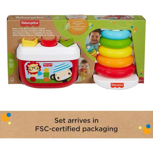  Fisher-Price Babys First Blocks and Rock-a-Stack gift set, 2 plant-based toys for infants ages 6 months and older
