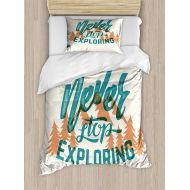 Fantasy Star Full Bedding Sets for Boys,Explore Duvet Cover Set,Hand Lettering Quote on Traveling with Mountain and Forest Silhouette,Include 1 Flat Sheet 1 Duvet Cover and 2 Pillo