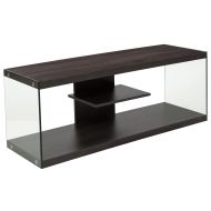 Flash Furniture Cedar Lane Collection Driftwood Wood Grain Finish TV Stand with Shelves and Glass Frame