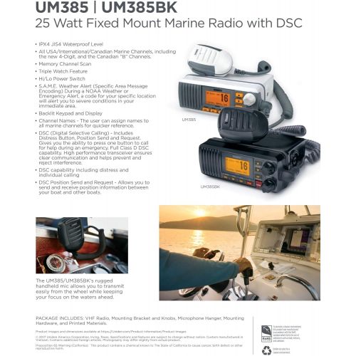  Uniden UM385BK 25 Watt Fixed Mount Marine Vhf Radio, Waterproof IPX4 W/ Triple Watch, Dsc, Emergency/Noaa Weather Alert, All Usa/International/Canadian Marine Channels, Memory Chan