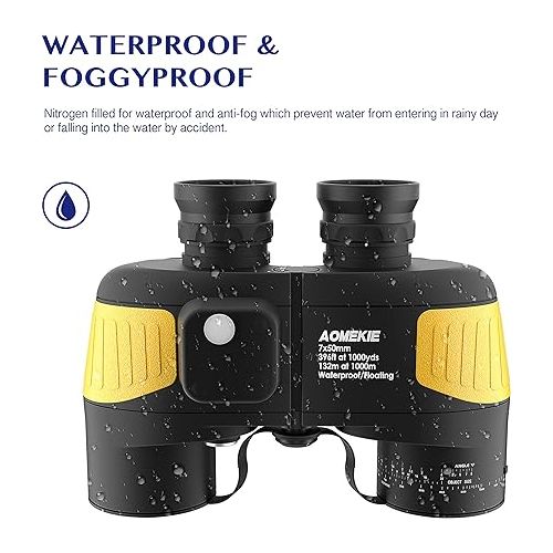  AOMEKIE Marine Binoculars for Adults 7X50 Military Waterproof Binoculars with Illuminated Rangefinder Compass BAK4 Prism IPX7 Fogproof for Boating Navigation Hunting Fishing Water Sports