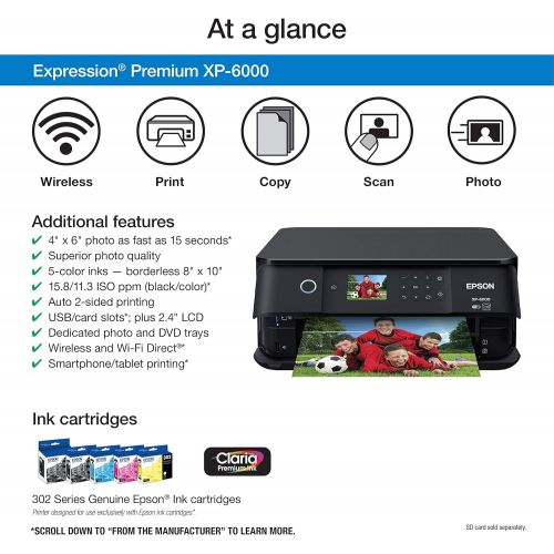 엡손 Epson Expression Premium XP-6000 Wireless Color Photo Printer with Scanner & Copier, Amazon Dash Replenishment Ready