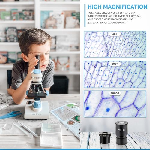  [아마존베스트]AmScope M162C-2L-PB10-WMAwarded 2018 Best Students and Kids Microscope Kit - 40X-1000X Dual Light All Metal Microscope with Slides and Microscope Book