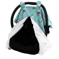 Dear Baby Gear Deluxe Car Seat Canopy, Cotton Floral Vintage White Roses on Blue, White Minky Dot