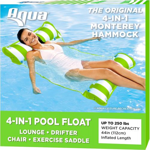  Aqua 4-in-1 Monterey Hammock Inflatable Pool Float, Multi-Purpose Pool Hammock (Saddle, Lounge Chair, Hammock, Drifter) Pool Chair, Portable Water Hammock, Lime Green/White Stripe