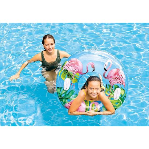 인텍스 Intex Inflatable Transparent Pool Tubes Pool Floats for Kids and Adults Floaties for Water Party, River, Lake, Set of 3 Assorted Tropical Designs Inner Tube Floats with 2 Heavy Dut