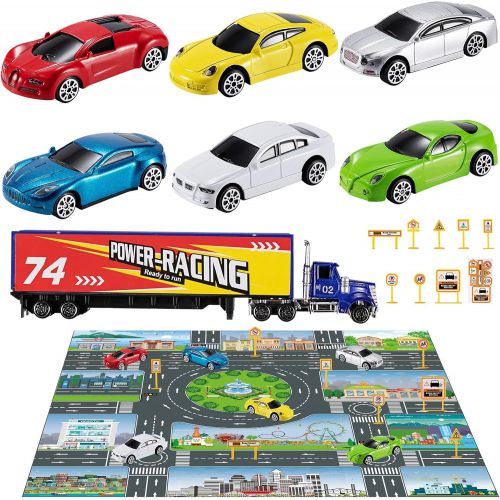  TEMI Diecast Racing Cars Toy Set w/ Activity Play Mat, Truck Carrier, Alloy Metal Race Model Car & Assorted Vehicle Play Set for Kids, Boys & Girls