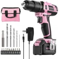 [아마존베스트]WORKPRO Pink Cordless 20V Lithium-ion Drill Driver Set, 1 Battery, Charger and Storage Bag Included - Pink Ribbon