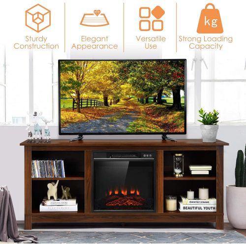  Tangkula Fireplace TV Stand, 1400W Electric Fireplace Stove TV Console Center for TVs up to 65 Inches, Home Media Stand w/ Fireplace, Remote Control & Adjustable Brightness for Liv