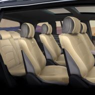FH Group PU205217 Ultra Comfort Leatherette Three-Row Seat Cushions (Split Ready), Beige/Tan Color w. Beige Rubber Floor Mats- Fit Most Car, Truck, SUV, or Van