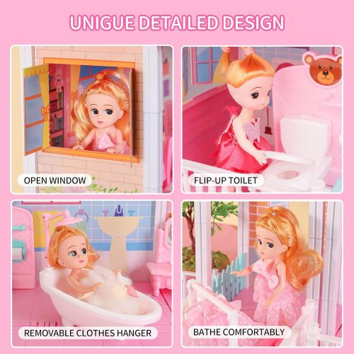  TEMI Dollhouse Dreamhouse Building Toys Figure w/ Furniture, Accessories, Pets and Dolls, DIY Cottage Pretend Play Doll House, for Toddlers, Boys & Girls(4 Rooms)