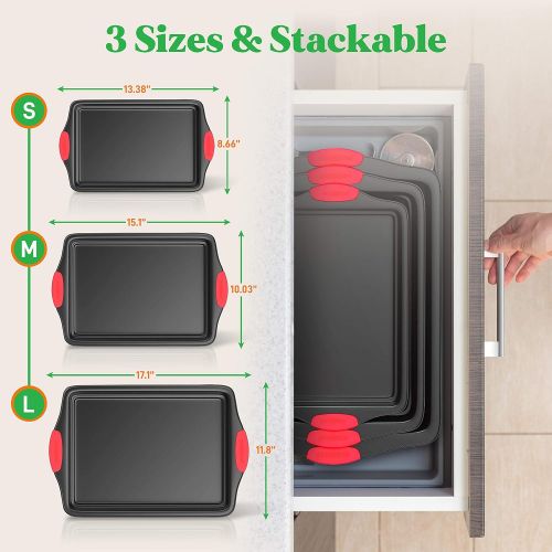  [아마존베스트]Nutrichef Kitchen Oven Baking Pans-Deluxe Nonstick Gray Coating Inside & Outside Carbon Steel Bakeware Set With Red Silicone Handles (3-Pieces), Black