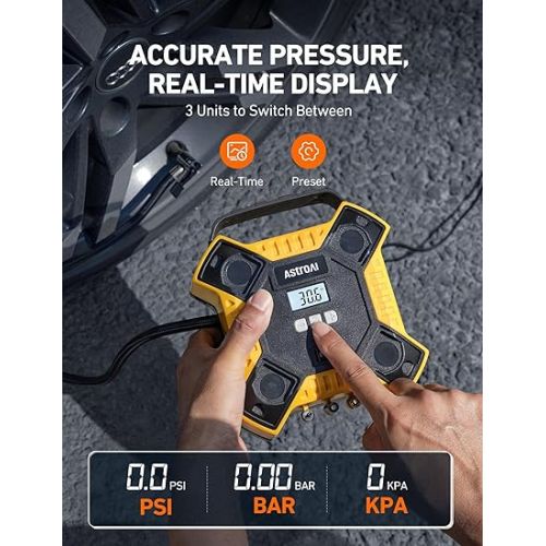  AstroAI Tire Inflator Air Compressor Portable Air Pump for Car Tires, 12V DC Integrated Metal Structure Tire Pump 160PSI with LED Light for Cars, Bicycles, Motorcycles
