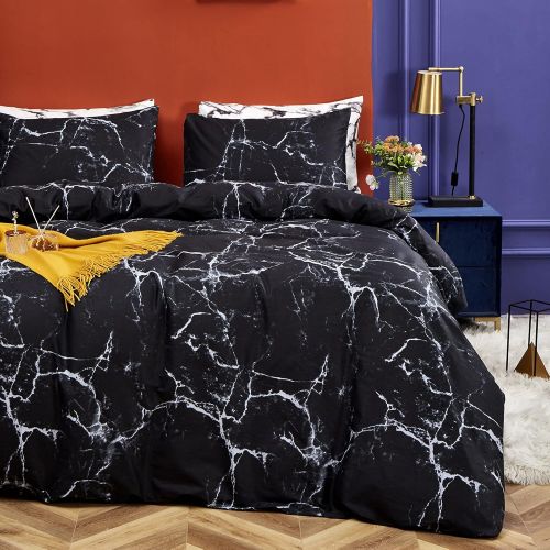  [아마존베스트]CLOTHKNOW Black Marble Duvet Cover Set Twin Cotton Boys Men Bedding Sets Twin Abstract Gothic Grey Bedding 3Pcs Bedding Comforter Cover Sets with Zipper Closure