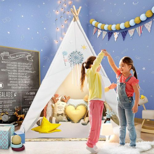  [아마존베스트]Wilhunter Teepee Play Tent for Kids with Gifts Floor Mat, Star Lights, Coloured Flag, Feathers, Carry Case, Indoor Outdoor Playhouse for Baby and Toddler, Toys for Boys and Girls-ASTM Certif