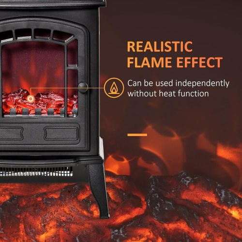  HOMCOM Free Standing Electric Fireplace Stove, Fireplace Heater with Realistic Flame Effect, Overheat Safety Protection, 750W / 1500W, Black
