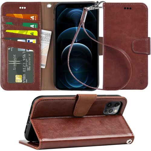  [아마존베스트]Arae for iPhone 12 Pro max Case with Credit Card Holder and Wrist Strap (Brown)