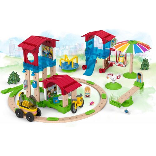  Fisher-Price Wonder Makers Slide & Ride Schoolyard - 75+ Piece Building and Wooden Track Play Set for Ages 3 Years & Up