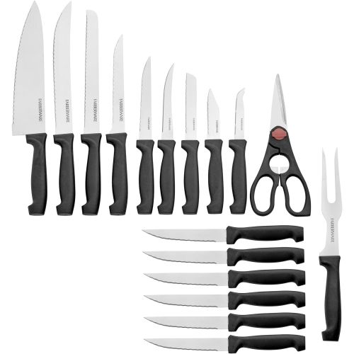  [아마존베스트]Farberware 18-Piece Never Needs Sharpening High-Carbon Stainless Steel Knife Block Set with Non-Slip Handles, Black