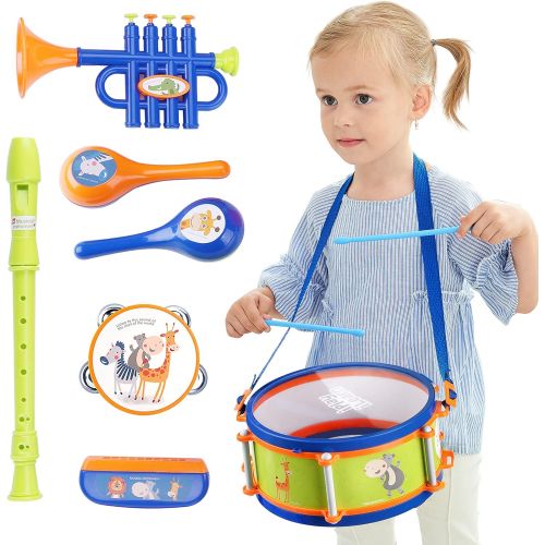  [아마존베스트]iPlay, iLearn Toddler Musical Instruments Toys, Kids Drum Set, Percussion, Tambourine, Trumpet, Maraca, Harmonica, Flute, Learning Gift for 18 Month 2 3 4 5 Year Olds Baby Boys Gir