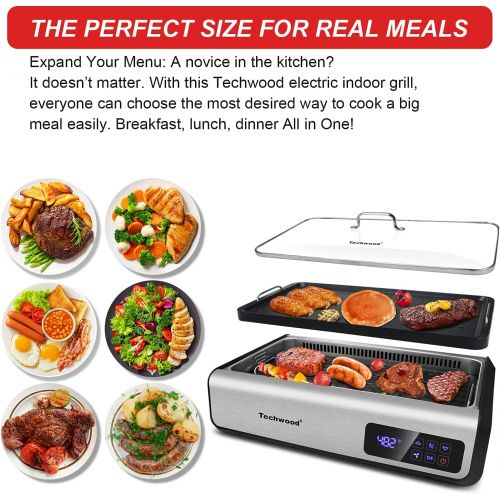  Indoor Smokeless Grill Techwood 1500W Electric Grill with Tempered Glass Lid & LED Smart Control Panel, 8-Level Control Korean BBQ Grill with Removable Grill/Griddle Plate, Stainle