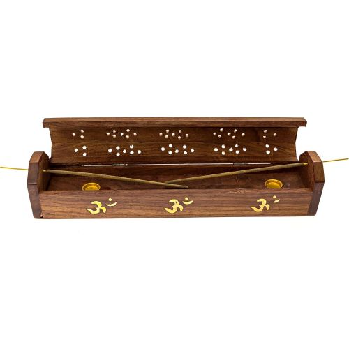  인센스스틱 Alternative Imagination Om, The Sound of The Universe, Brass Inlay Design - Wooden Coffin Incense Burner for Incense Sticks and Cones, with Storage Compartment