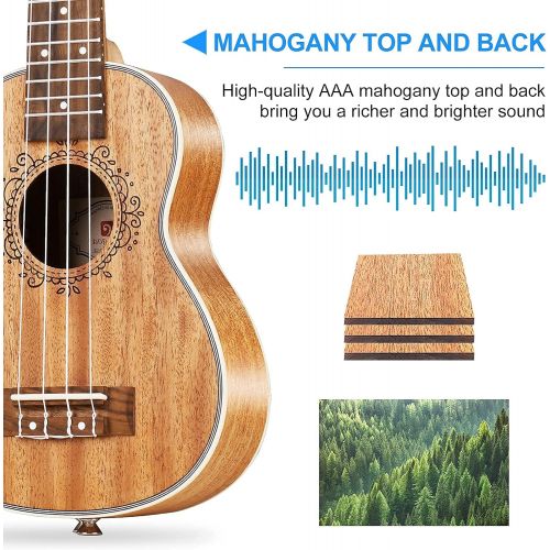  [아마존베스트]Soprano Ukulele Mahogany Electric Soprano Ukulele 21 Inch Mahogany Ukelele Bundle Starter Kit for Beginners with Padded Bag, by Vangoa