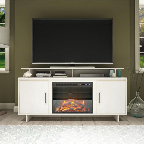  Ameriwood Home Merritt Avenue Electric Fireplace Console with Storage Cabinets for TVs up to 74, Ivory Oak