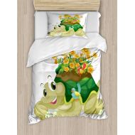 Ambesonne Reptile Duvet Cover Set, Funny Floral Turtle Talking Colorful Humming Birds Tortoise Ninja Inspired Print, Decorative 2 Piece Bedding Set with 1 Pillow Sham, Twin Size, M