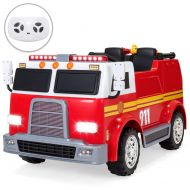 Best Choice Products 12V 2.4MPH 2-Speed Kids Fire Truck Ride On Toy w/ Remote Control, USB, Water Hose, Lights, Sounds