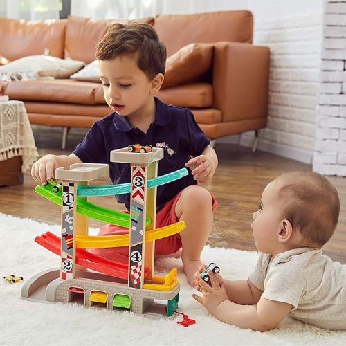  TOP BRIGHT Car Ramp Toy for 2 3 Year Old Boy Gifts, Toddler Race Track Toy for 18 Month Old with 4 Wooden Cars and 3 Car Garage