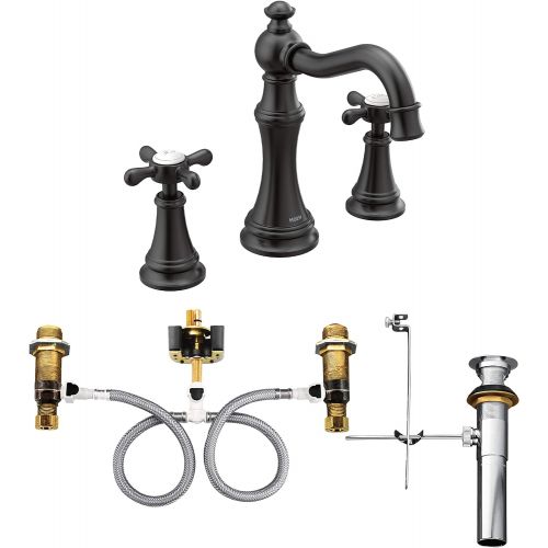  Moen TS42114BL-9000 Weymouth Two-Handle Widespread Bathroom Faucet with Cross Handles and Valve, Matte Black