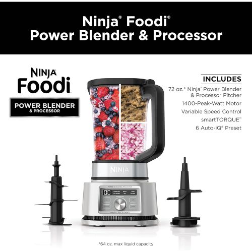닌자 Ninja Foodi SS201 Power Blender & Processor. 3-in-1 Crushing Blender, Dough Mixer, and Food Processor 1400WP smartTORQUE 6 Auto-iQ Presets