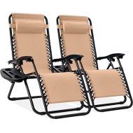 Best Choice Products Set of 2 Adjustable Steel Mesh Zero Gravity Lounge Chair Recliners w/Pillows and Cup Holder Trays, Beige