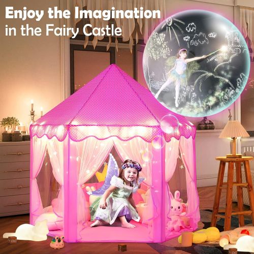  [아마존베스트]Wilwolfer Princess Castle Play Tent for Girls Large Kids Play Tents Hexagon Playhouse with Star Lights Toys for Children Indoor Games (Pink)