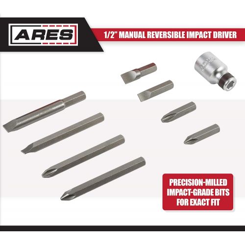  [아마존베스트]ARES 18021-1/2-Inch Manual Reversible Impact Driver - Standard and Long Slotted 5/16 & 3/8 and Phillips #2 & #3 Bits - Disengage Brake Caliper Screws and Rusted or Frozen Fasteners