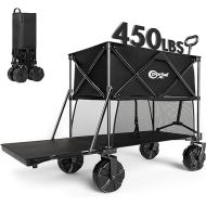 PORTAL Collapsible Double Decker Wagon, Folding Wagon Cart with Tailgate, Beach Wagon with Big Wheels, 450LB Heavy Duty Foldable Wagon 14 FT³ Large Capacity for Camping, Sports, Garden, Shopping