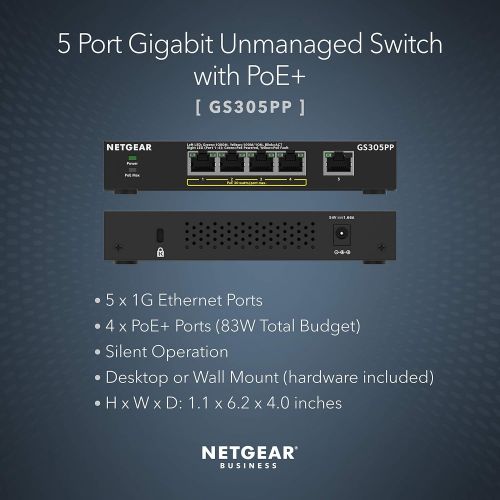  [아마존베스트]NETGEAR 5-Port Gigabit Ethernet Unmanaged PoE+ Switch (GS305PP) - with 4 x PoE @ 83W, Desktop, Sturdy Metal Fanless Housing