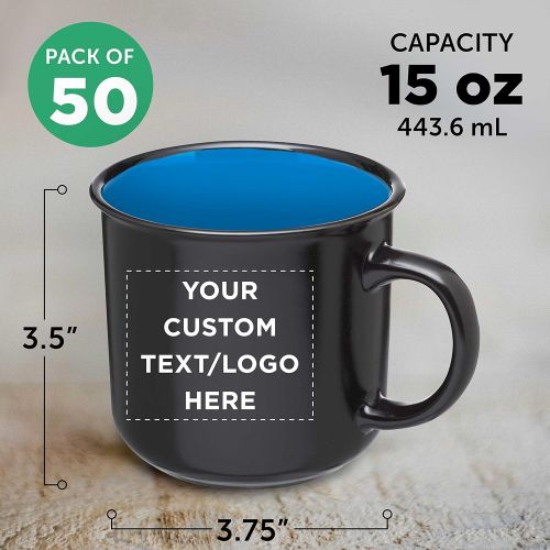  DISCOUNT PROMOS Custom Ceramic Campfire Coffee Mug 15 oz. Set of 50, Personalized Bulk Pack - Perfect for Coffee, Tea, Espresso, Hot Cocoa, Other Beverages - Blue Black