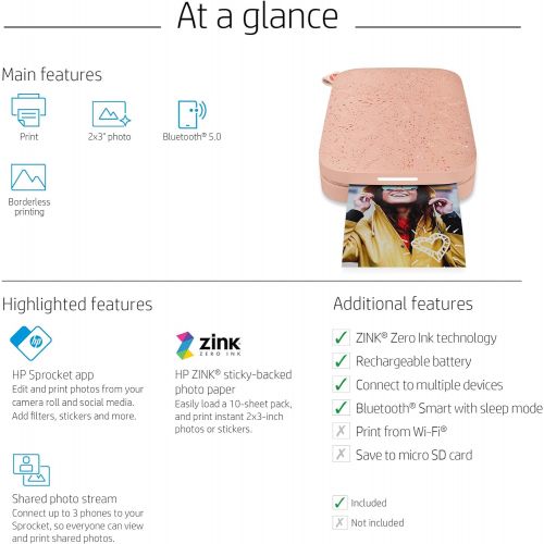 에이치피 HP Sprocket Portable 2x3 Instant Photo Printer (Blush) Print Pictures on Zink Sticky-Backed Paper from your iOS & Android Device.