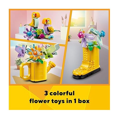  LEGO Creator 3 in 1 Flowers in Watering Can Building Toy, Transforms from Watering Can to Rain Boot to 2 Birds on a Perch, Fun Animal Toy for Kids, Birthday and Nature Toy for Girls and Boys, 31149