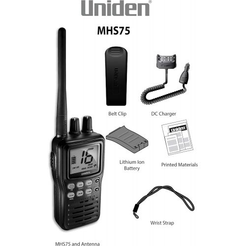  [아마존베스트]Uniden MHS75 Waterproof Handheld 2-Way VHF Marine radio, Submersible, Selectable 1/2.5/5 Watt Transmit Power. All USA/International and Canadian Marine Channels - Color Black
