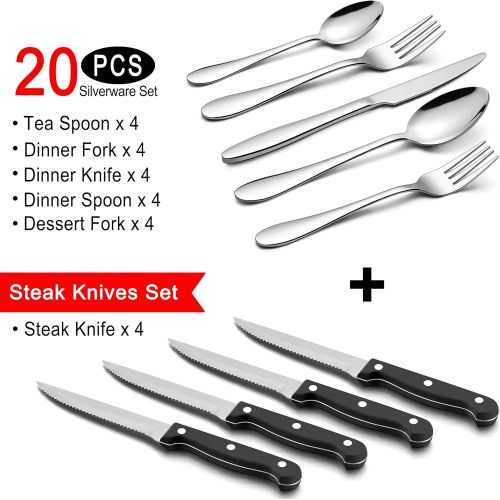 [아마존베스트]LIANYU 24-Piece Silverware Set with Steak Knives, Stainless Steel Flatware Cutlery Set for 4, Fork Spoon Knife Set Eating Utensils Tableware, Dishwasher Safe