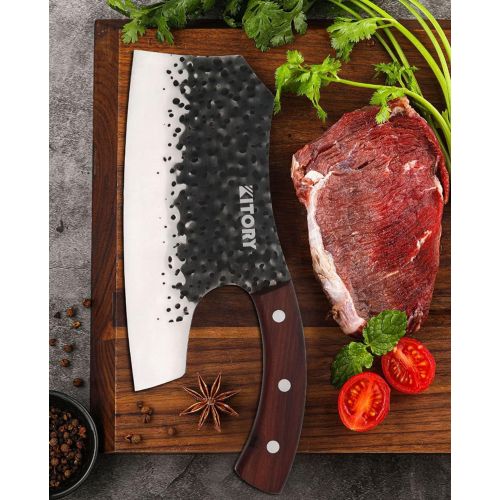  [아마존베스트]KITORY Vegetable Cleaver 7.4 Effort Saving Kitchen Knife Chinese Butcher Knives Forged Handmade Full Tang Chopper Break through Physics Design 7Cr17MoV Steel Blade Red Sandalwood E