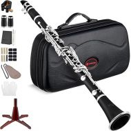 Vangoa B Flat Clarinet for Beginners Intermediate, Upgraded Bb Ebonite Clarinet Silver-Plated for School Band Orchestra Adult Student with Hard Case, Stand, Cleaning Kit, 2 Barrels