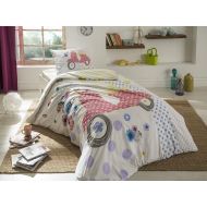 DecoMood 100% Cotton Night Glowing Vespa Bedding Set for Girls, Single/Twin Size Quilt/Duvet Cover Set with Fitted Sheet, Flowers Polka Dot Hearts Vespa Themed, (3 Pieces)