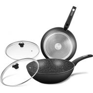 KOCH SYSTEME CS CSK 11+12in Nonstick Frying Pan Sets With Glass Lids-Cookware Sets With Stone-Derived Ultra Nonstick Coating,100% PFOA&APEO Free,Induction Available Frying Skillets,Wok Pans,4PC,Black